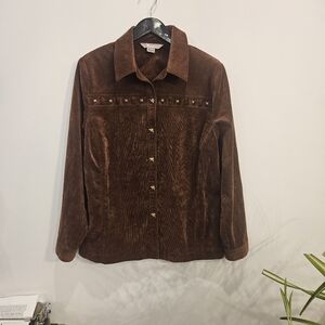 TANJAY Western Brown Corduroy Snap Button Shirt with Detail size L